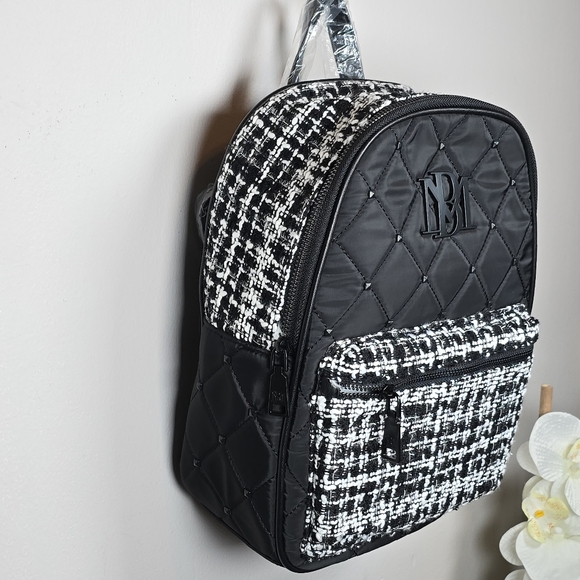 Badgley Mischka Diamond Quilted Nylon Studded Zip Backpack Vegan Leather Tweed - Picture 4 of 16